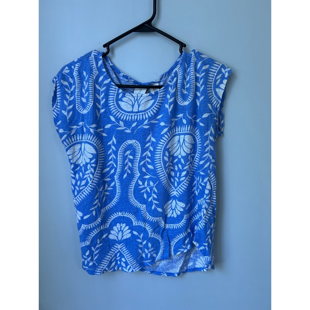 Joie Women Blue White Paisley Print 100% Linen Short Sleeve Knit Top Size Medium